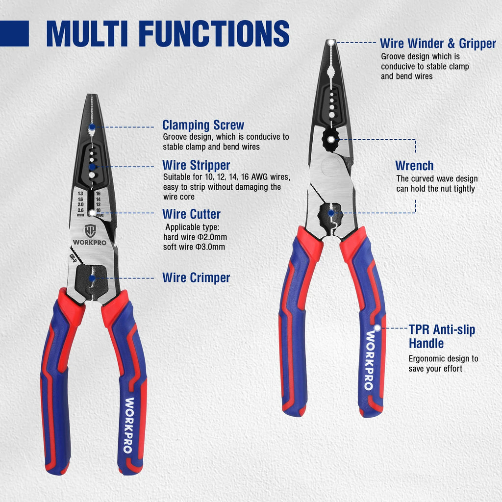 WORKPRO Multifunctional Needle Nose Pliers Universal Wire Cutters Diagonal Pliers for Electrician Hardware Tools