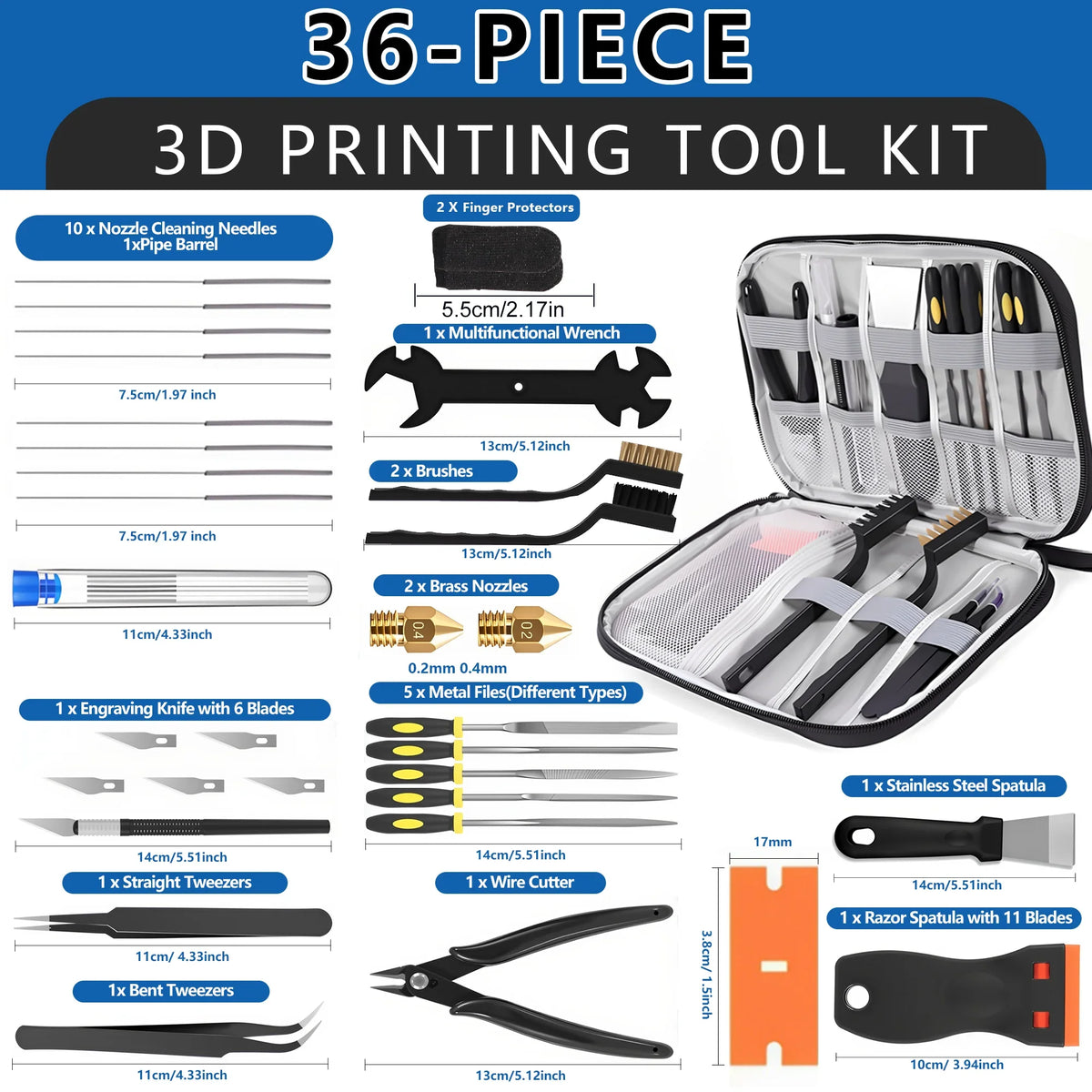 36Pcs 3D Printer Tools Kit with Storage Case, Scrapers Deburring Tool Files Brushes Hand Drill Tweezers for Bambu Lab Ender Kobr
