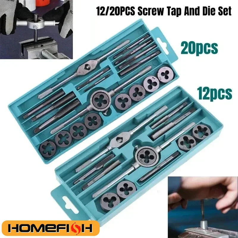 12/20PCS Hand Tap and Die Set M3-M12 Screw Thread Plugs Straight Taper Reamer Tools Hardware Tool Portable Universal